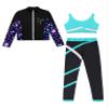 Kaerm Kids Girls Ice Skating Suit Stripe Zipper Jacket Vest with Patchwork Pants Set Yoga Workout Running Outfit Blue Green 16 Years view 3