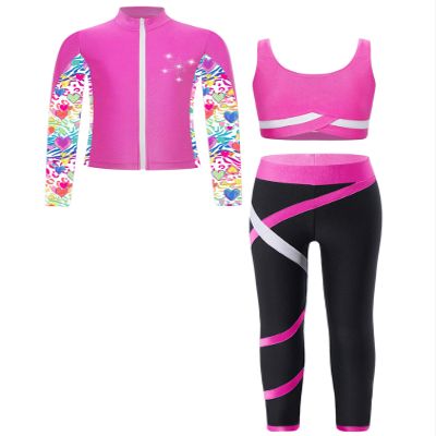 YiZYiF Kids Girls Figure Ice Skating Gym Training Suit Contrast Color Jacket Crop Top Sport Bra with Skating Pants Set Hot Pink 10 Years