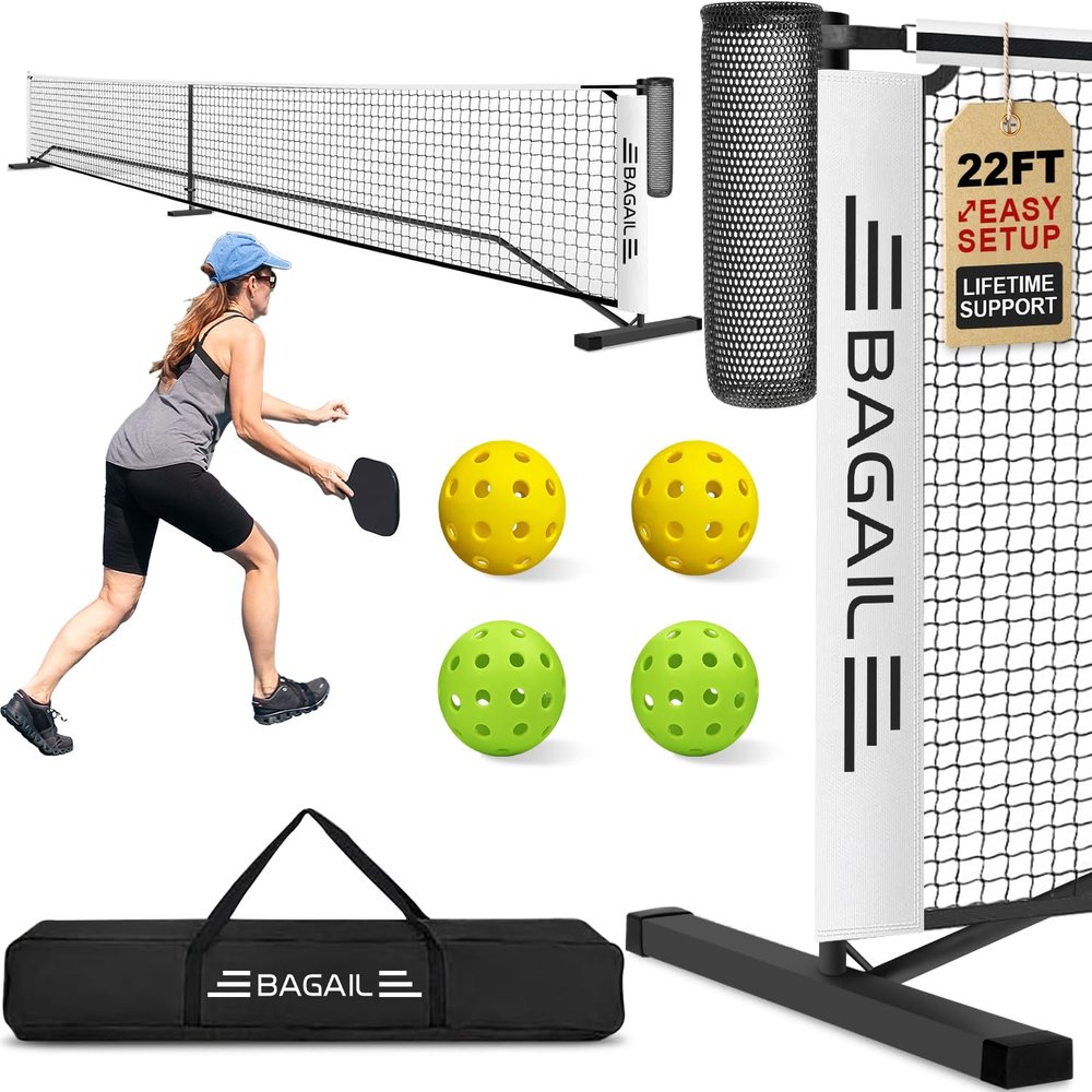 BAGAIL Portable Pickleball Net Set, 22 FT Regulation Size Pickle Ball Net with Ball Collector, Carry Bag, Easy Setup for Outdoor Indoor Driveway - White