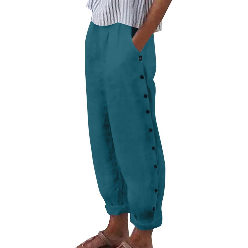 Summer Pants for Women Casual Stripe Print Side Button Trendy Pants Baggy Elastic Waist Trendy Baggy Elastic Waist Straight Leg Comfy Trousers Vacation Lounge Trousers
