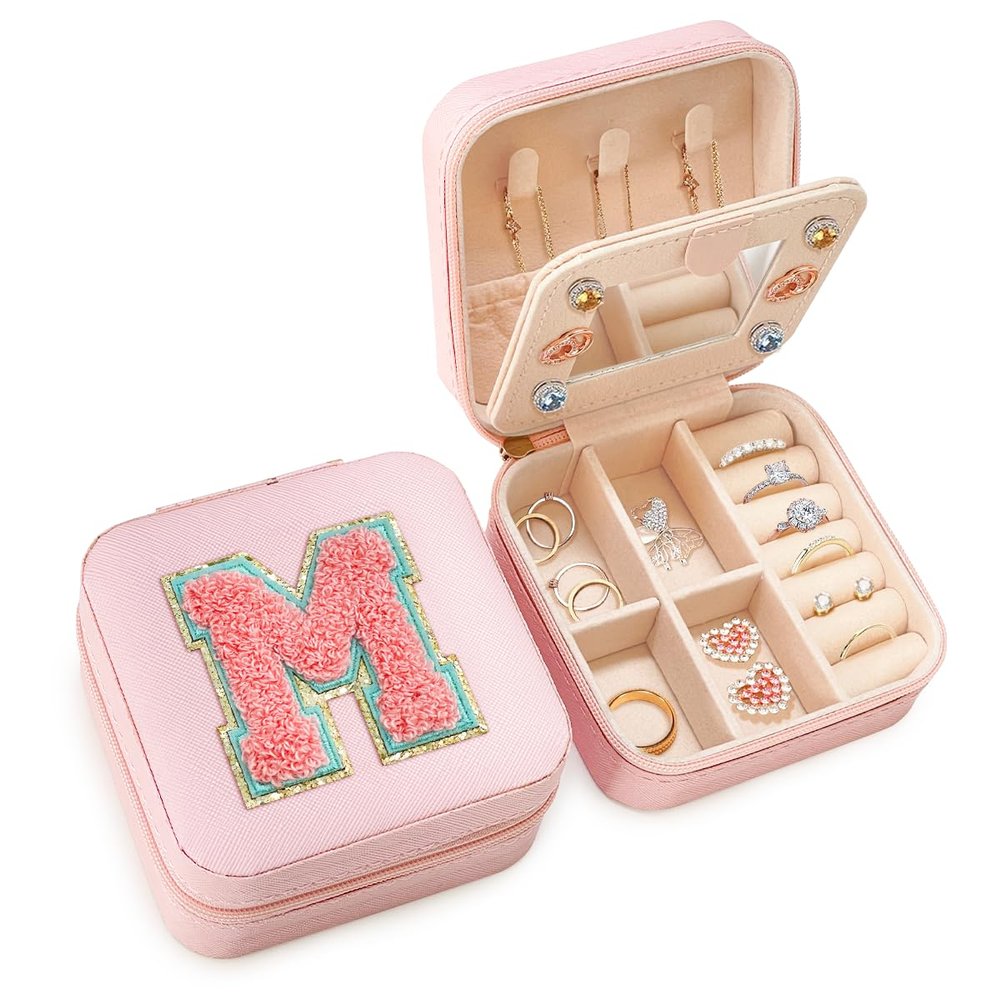 SANDJEST Personalized Jewelry Box, Pink Travel Jewelry Box with Initial M, Small Monogrammed Jewelry Case Organizer for Girls Women Teen Kids, Mini Travel Essentials Gifts for Birthday Christmas