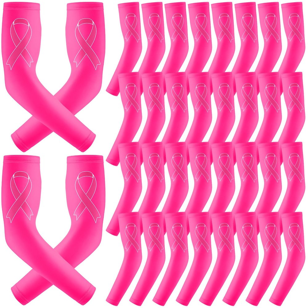 Zhehao 18 Pairs Breast Cancer Awareness Sleeves Pink Ribbon Arm Sleeves Compression Sports Cooling Arm Sleeves for Women (Pink,X-Small)