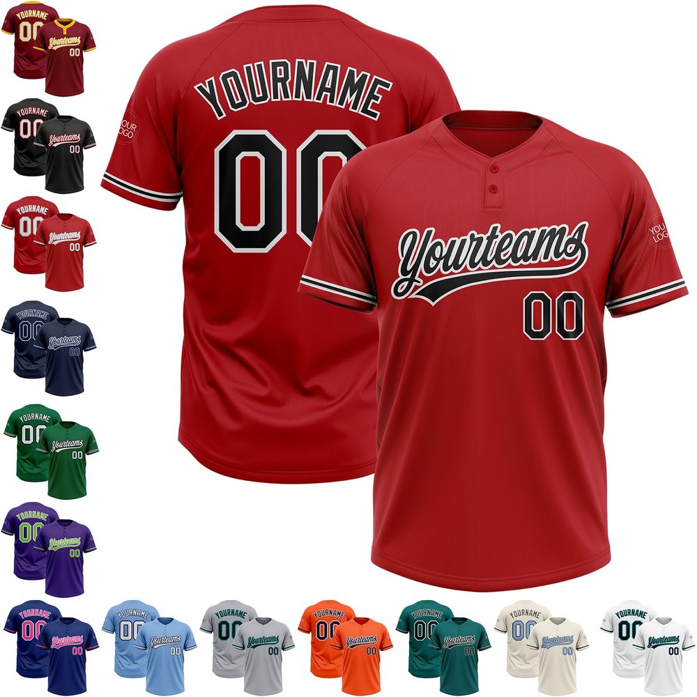 Red White Black Mens Softball Uniforms Baseball Bulk Jerseys Two Button Pullover Softball Jerseys for Adult Slowpitch Custom Team Jersey