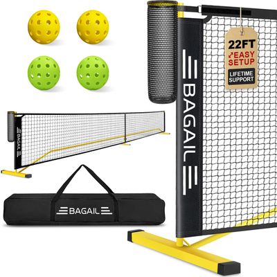BAGAIL Portable Pickleball Net Set, 22 FT Regulation Size Pickle Ball Net with Ball Collector, Carry Bag, Easy Setup for Outdoor Indoor Driveway - Yellow