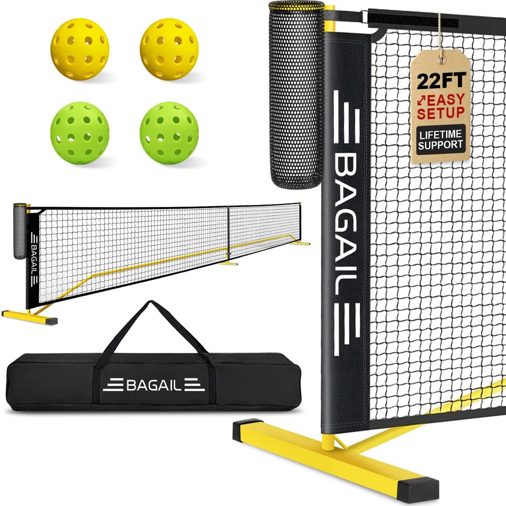 BAGAIL Portable Pickleball Net Set, 22 FT Regulation Size Pickle Ball Net with Ball Collector, Carry Bag, Easy Setup for Outdoor Indoor Driveway - Yellow