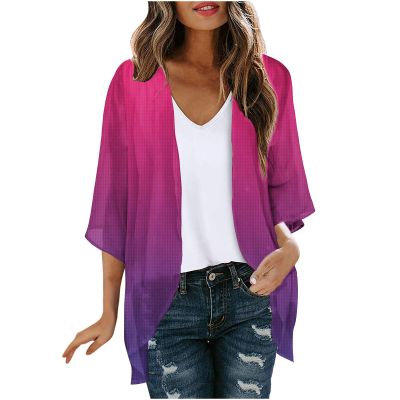 2024 Women's Swim Coverup Chiffon Puff Sleeve Kimono Cardigan Open Front Loose Cover Up Beach Summer Casual Blouse Tops