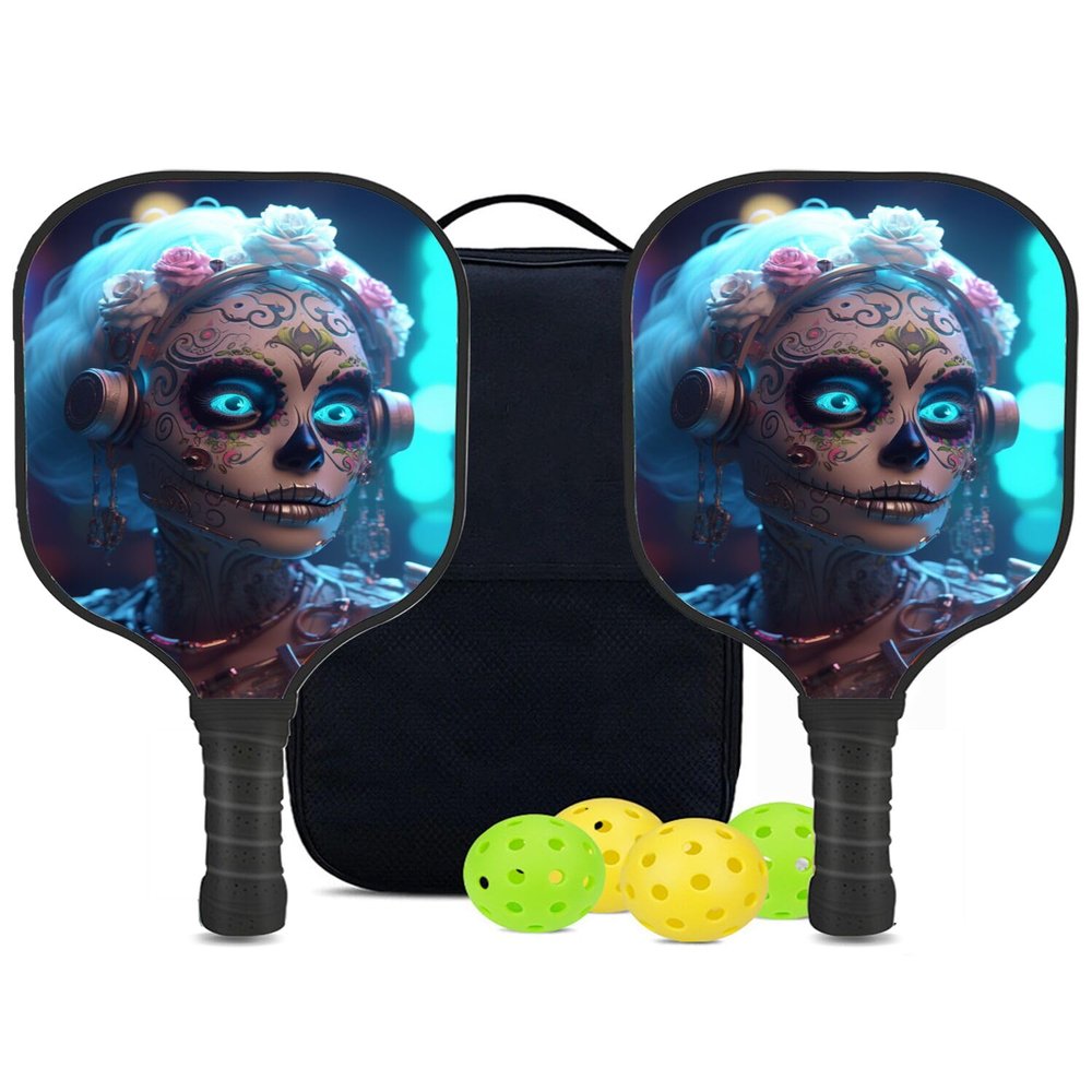 KUAVETO Carbon Fiber Pickleball Paddles Set, All The DIY Fun You can Have with Sugar Skull-BN586 Pattern Custom Made Honeycomb Polymer Core- Includes 2 Paddles, 4 Balls, and a Carry Bag