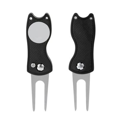 2pcs Golf Divot Repair Tool with Magnetic Ball Marker, Foldable Pop-up Divot Turf Fork Metal Putting Fork for Golf Lover (Black)