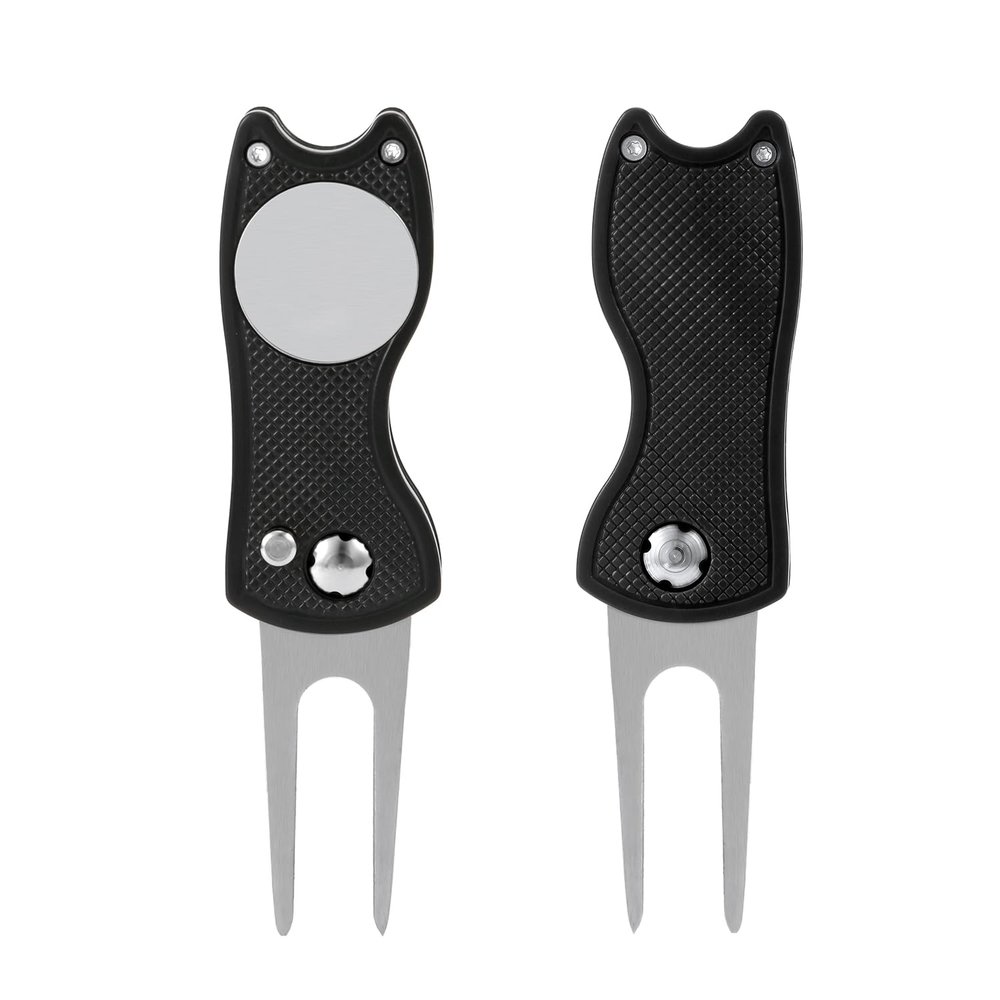 2pcs Golf Divot Repair Tool with Magnetic Ball Marker, Foldable Pop-up Divot Turf Fork Metal Putting Fork for Golf Lover (Black)