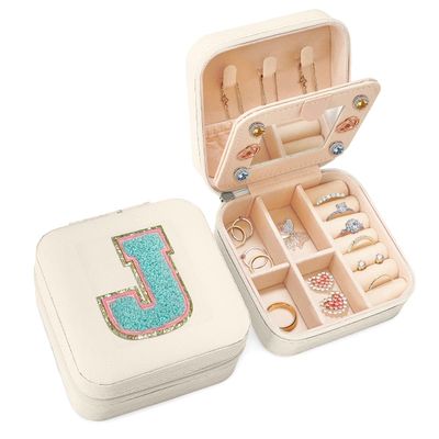 SANDJEST Personalized Jewelry Box, White Travel Jewelry Box with Initial J, Small Monogrammed Jewelry Case Organizer for Girls Women Teen Kids, Mini Travel Essentials Gifts for Birthday Christmas