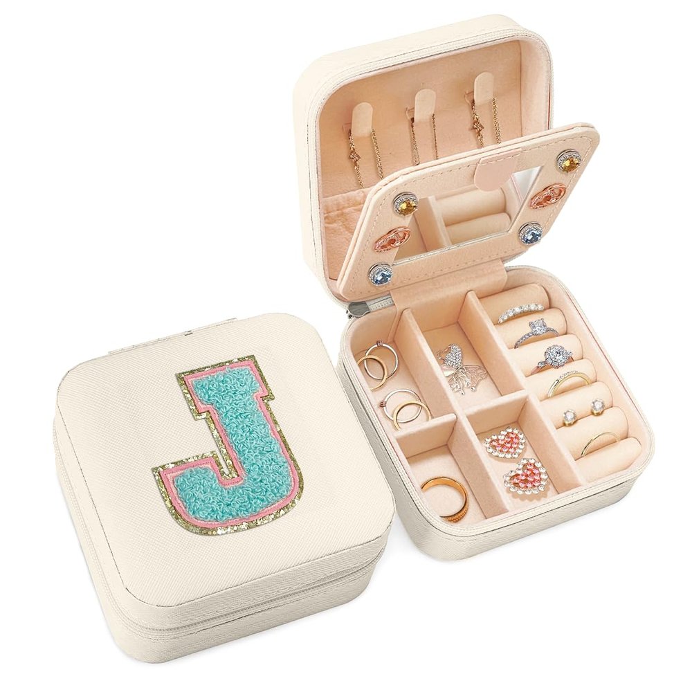 SANDJEST Personalized Jewelry Box, White Travel Jewelry Box with Initial J, Small Monogrammed Jewelry Case Organizer for Girls Women Teen Kids, Mini Travel Essentials Gifts for Birthday Christmas