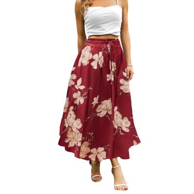 Abaadlw Maxi Skirts for Women with Pockets Long Midi Length Casual Skirt for Beach Party HolidayA40 Floral Red M