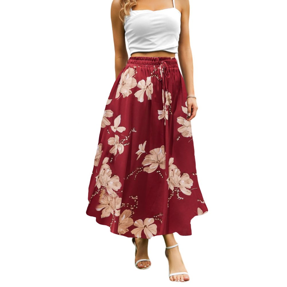 Abaadlw Maxi Skirts for Women with Pockets Long Midi Length Casual Skirt for Beach Party HolidayA40 Floral Red M
