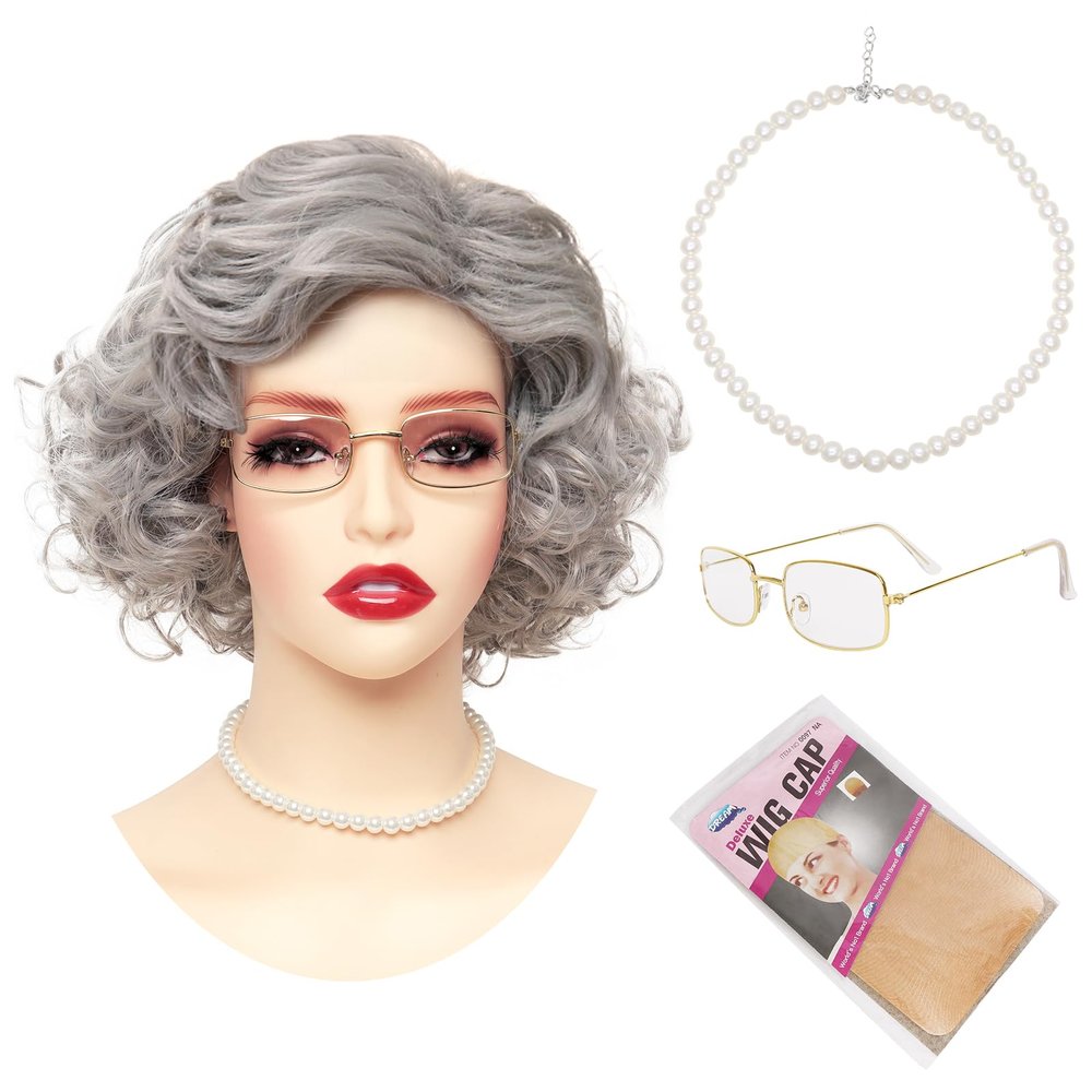 Fumwase Old Woman Costume Set Grey Grandma Wig Accessories Perfect for Halloween Party Wigs Grandmother Wig for Cosplay 100 Days Costume Wigs for Women and Adults (Grey)