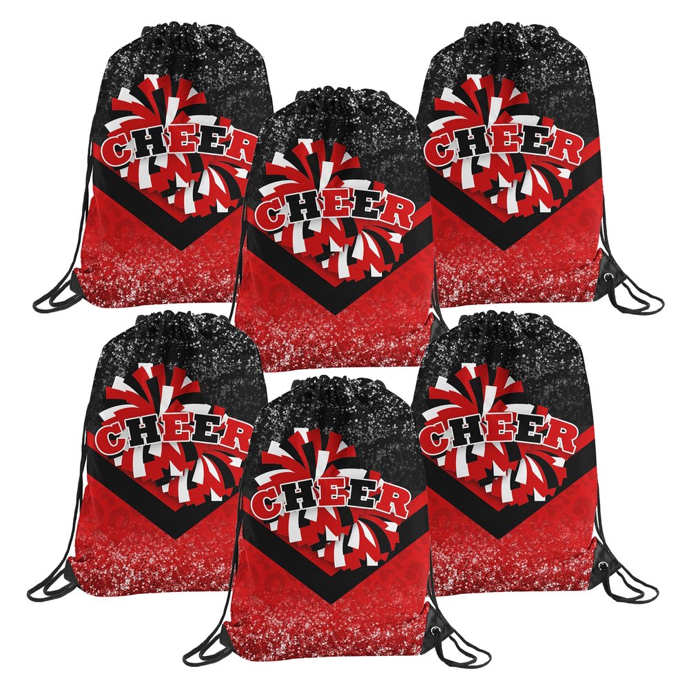 6 Pcs Cheer Drawstring Backpack Cheerleading Drawstring Gym Bags Cheerleader Gifts for Cheerleaders (Black&Red)