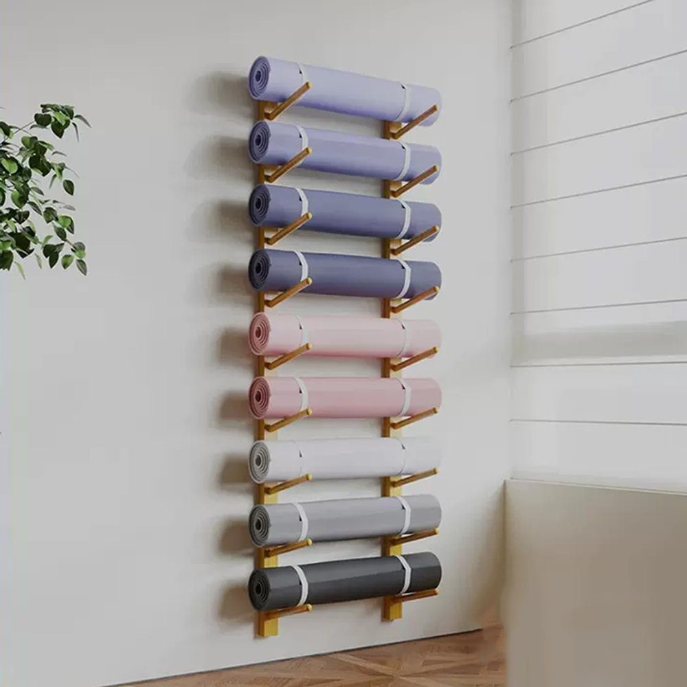 SUYUDD Yoga Mat Holder Wall Mount 9 Tier Yoga Mat Storage Rack Home Gym Organizer Shelf Yoga Mat Wall Holder Wood Yoga Mat Organizer