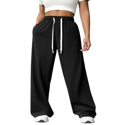 PINSPARK Women's Sweatpants Wide Leg Lounge Pants Elastic High Waist Sweatpant Athletic Sweat Pants with Pocket and Drawstring Petite Medium, Black
