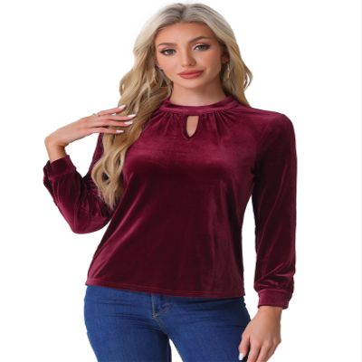 Allegra K Velvet Long Sleeve T Shirt for Women's Stand Collar Elegant Casual Blouse Top X-Small Burgundy
