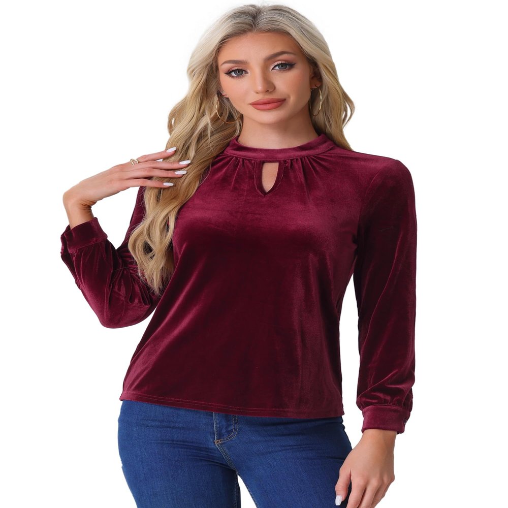 Allegra K Velvet Long Sleeve T Shirt for Women's Stand Collar Elegant Casual Blouse Top X-Small Burgundy