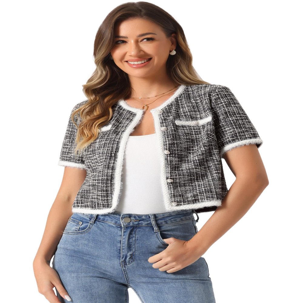 Allegra K Short Sleeve Tweed Jacket for Women Summer Crew Neck Button Front Cropped Cardigan X-Large Black