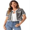 Allegra K Short Sleeve Tweed Jacket for Women Summer Crew Neck Button Front Cropped Cardigan X-Large Black view 1