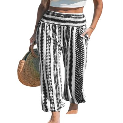 CUPSHE Women Pants Smocked Waist Pants Tapered Leg Pant Loose Fit Long Trousers Casual Beach,XL Black