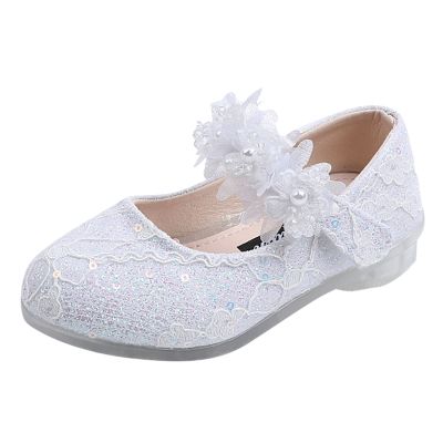 Toddler Girls Dress Shoes Flower Girl Shoes Ankle Strap Ballet Flats Pearls Mary Jane Wedding Party Flower Kid Shoes (White, 6 Infant)