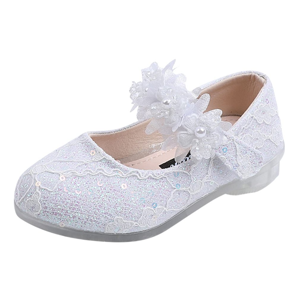 Toddler Girls Dress Shoes Flower Girl Shoes Ankle Strap Ballet Flats Pearls Mary Jane Wedding Party Flower Kid Shoes (White, 6 Infant)