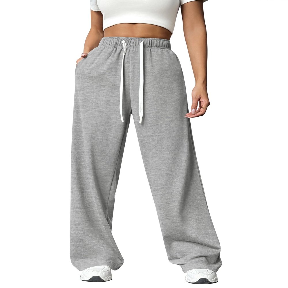 PINSPARK Women's Wide Leg Baggy Pants Loose High-Waisted Sweat Pants Fashion Lounging Athletic Sweatpants with Side Pockets Large, Heather Light Grey