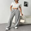 PINSPARK Women's Wide Leg Baggy Pants Loose High-Waisted Sweat Pants Fashion Lounging Athletic Sweatpants with Side Pockets Large, Heather Light Grey view 2