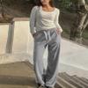 PINSPARK Women's Wide Leg Baggy Pants Loose High-Waisted Sweat Pants Fashion Lounging Athletic Sweatpants with Side Pockets Large, Heather Light Grey view 3