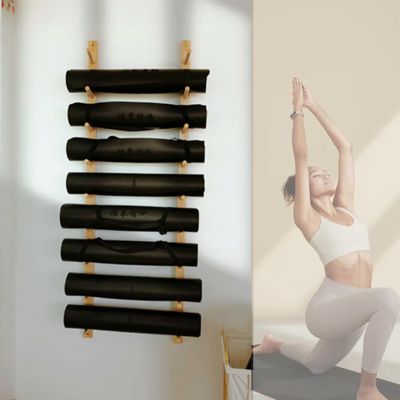 SUYUDD 9-Tiers Yoga Mat Holder Wall Mount, Wooden Storage Rack for Yoga Mat/Wheels, Foam Roller | Wall Rack Organizer for Home Gym