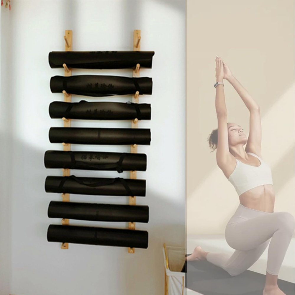 SUYUDD 9-Tiers Yoga Mat Holder Wall Mount, Wooden Storage Rack for Yoga Mat/Wheels, Foam Roller | Wall Rack Organizer for Home Gym
