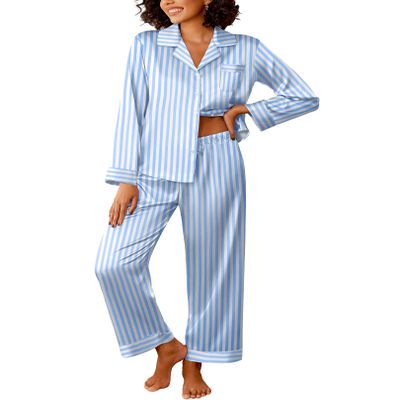 Ekouaer Womens Silk Satin Pajama Sets 2 Piece Sleepwear Pjs Set Long Sleeve Button Down Top and Pants Stripe Loungewear,XL