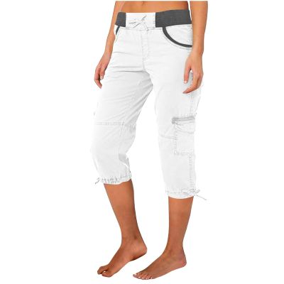Capris for Women Casual Summer Women's Cargo Capris Trousers Pockets Cargo Capri Pants for Women High Waisted Relaxed Fit Elastic Knit Waist Casual Capris Trousers Cropped Pants