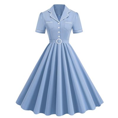 1950s Dresses for Women 50s Style Audrey Hepburn Vintage 1940s Rockabilly Retro Short Sleeve Belt Dress Summer A Line Swing Midi Skater Dress Cocktail Party Evening Prom Gown Plus Size Navy Blue S