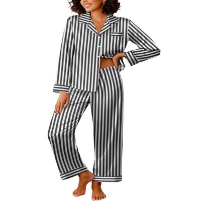 Ekouaer Womens Silk Satin Pajama Sets 2 Piece Sleepwear Pjs Set Long Sleeve Button Down Top and Pants Stripe Loungewear,M