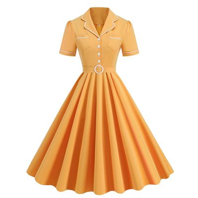 50s Dresses for Women 1950s 1940s Vintage Hepburn Short Sleeve Notched Lapel Rockabilly Retro Swing A Line Midi Summer Skater Tea Dress Cocktail Party Evening Prom Gown Plus Size White Yellow XXL