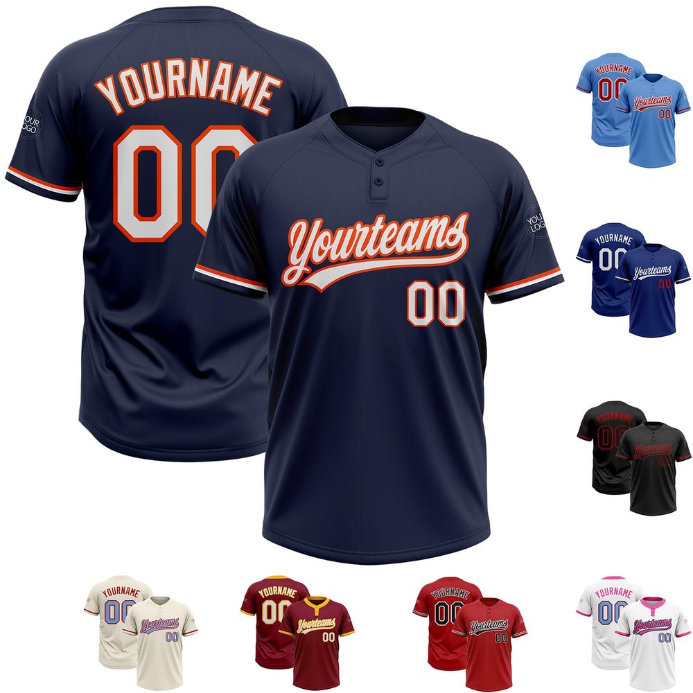 Navy Orange White Mens Softball Uniforms Baseball Bulk Jerseys Two Button Pullover Softball Jerseys for Adult Slowpitch Custom Team Jersey