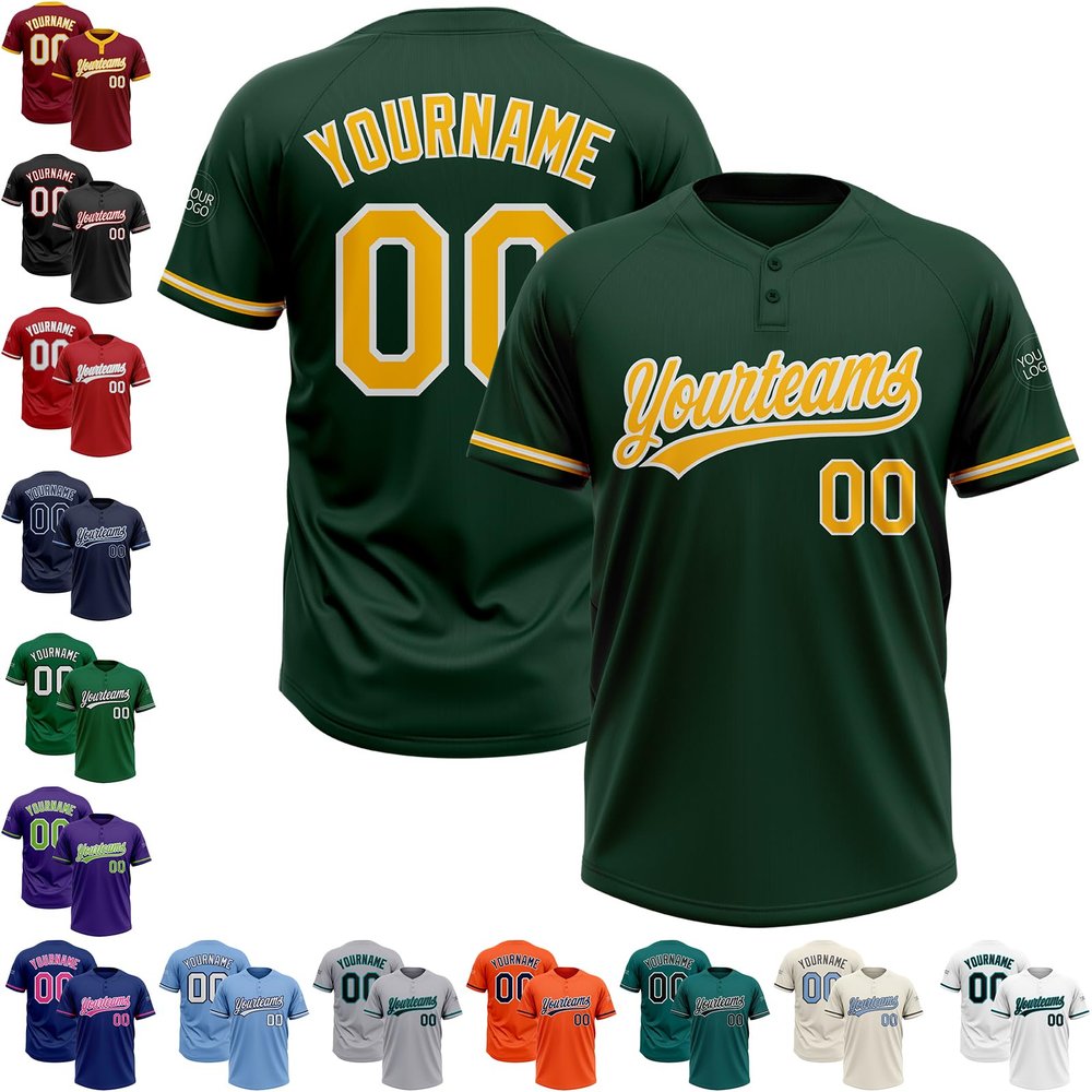 DarkGreen White Yellow Mens Softball Uniforms Baseball Bulk Jerseys Two Button Pullover Softball Jerseys for Adult Slowpitch Custom Team Jersey