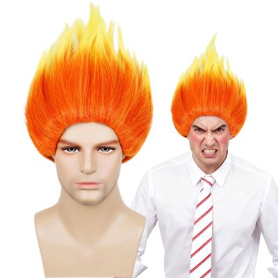 Aicos Orange Yellow Flame Fire Wig for Men Women Anger Cosplay Wigs for Halloween Costume+Wig Cap