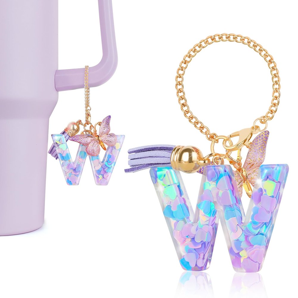 DECZHIYU Letter Charms for Stanley Cup with Handle, Initial W Charms Accessories for Stanley Tumbler, Purple Charm for Key Purse Handbags Backpacks, Cute Initial Letter Charm with Butterfly Tassel
