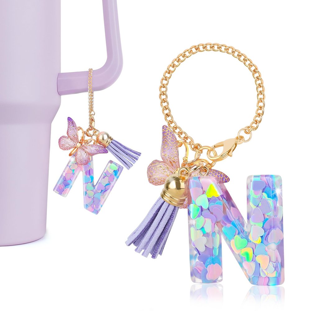DECZHIYU Letter Charms for Stanley Cup with Handle, Initial N Charms Accessories for Stanley Tumbler, Purple Charm for Key Purse Handbags Backpacks, Cute Initial Letter Charm with Butterfly Tassel