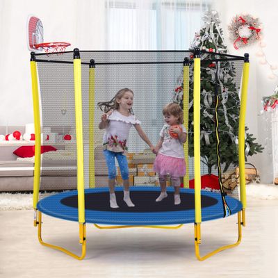 66" Trampoline for Kids with Basketball Hoop, Christmas Toys Birthday Gifts for Girls Boys, Mini Outdoor Trampoline with Safety Enclosure Net, (Yellow)