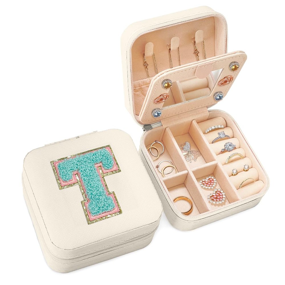 SANDJEST Personalized Jewelry Box, White Travel Jewelry Box with Initial T, Small Monogrammed Jewelry Case Organizer for Girls Women Teen Kids, Mini Travel Essentials Gifts for Birthday Christmas