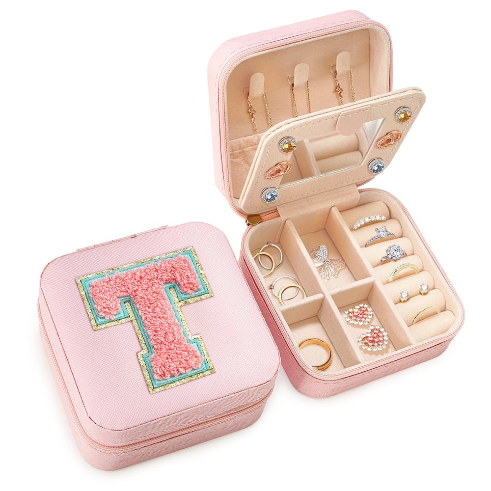 SANDJEST Personalized Jewelry Box, Pink Travel Jewelry Box with Initial T, Small Monogrammed Jewelry Case Organizer for Girls Women Teen Kids, Mini Travel Essentials Gifts for Birthday Christmas
