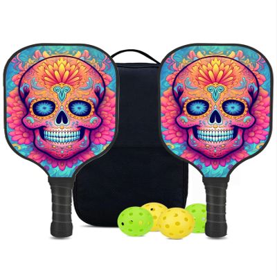 KUAVETO Carbon Fiber Pickleball Paddles Set, All The DIY Fun You can Have with Sugar Skull-BN498 Pattern Custom Made Honeycomb Polymer Core- Includes 2 Paddles, 4 Balls, and a Carry Bag