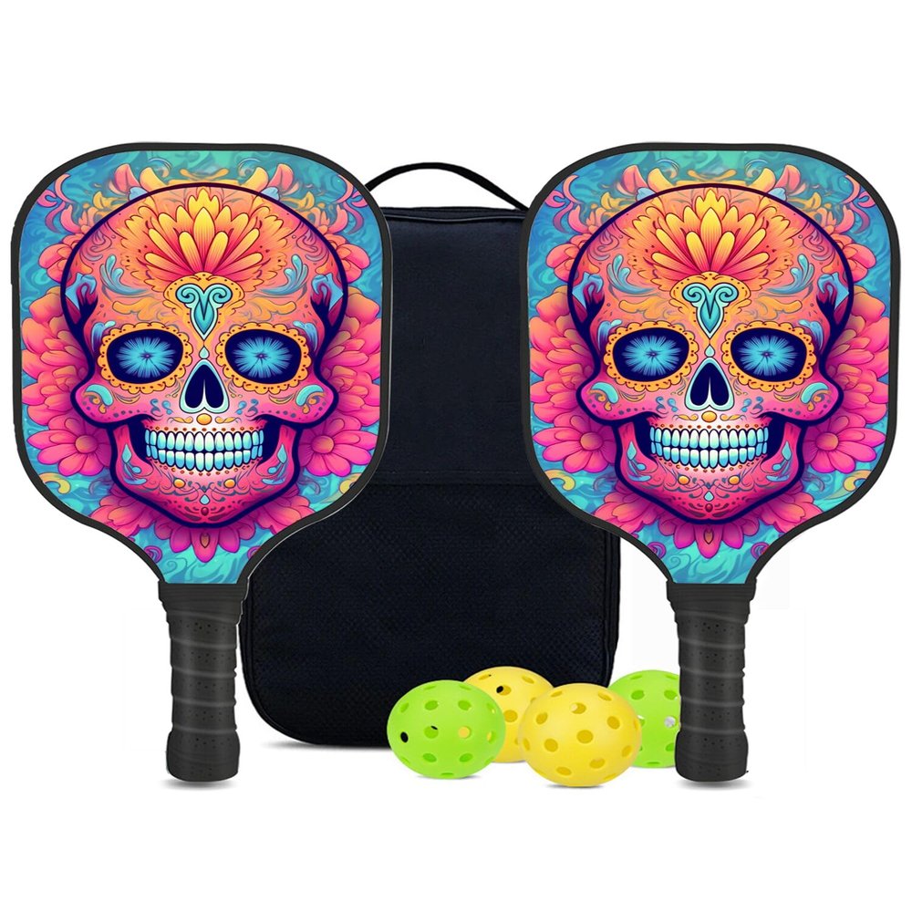 KUAVETO Carbon Fiber Pickleball Paddles Set, All The DIY Fun You can Have with Sugar Skull-BN498 Pattern Custom Made Honeycomb Polymer Core- Includes 2 Paddles, 4 Balls, and a Carry Bag