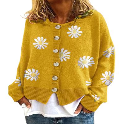 ebossy Women's Vintage Floral Crop Cardigan Sweather Artistic Aesthetic Cable Knitted Oversized Sweater Outwear (XX-Large, Yellow)