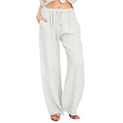 Linen Pants for Women Plus Size Summer Flowy Wide Leg Palazzo Pants Summer High Waisted Beach Trousers with Pockets